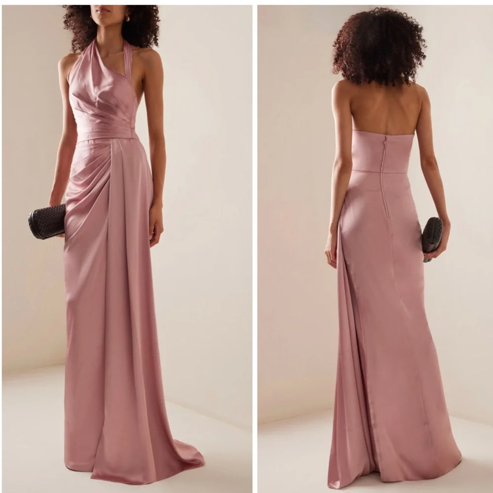 Zuhair Murad Asymmetric Draped Satin Gown Pink Maxi Dress